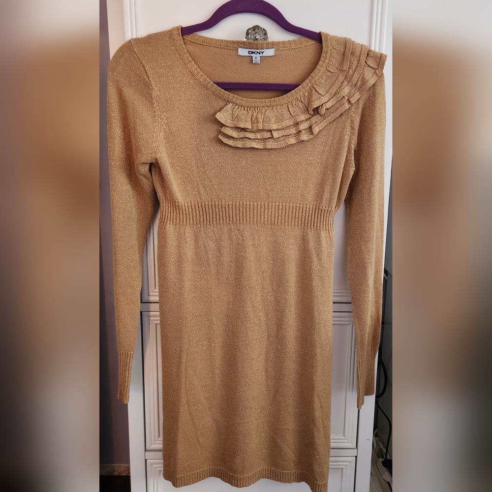 DKNY Gold Sparkle Ruffle Dress Size XL